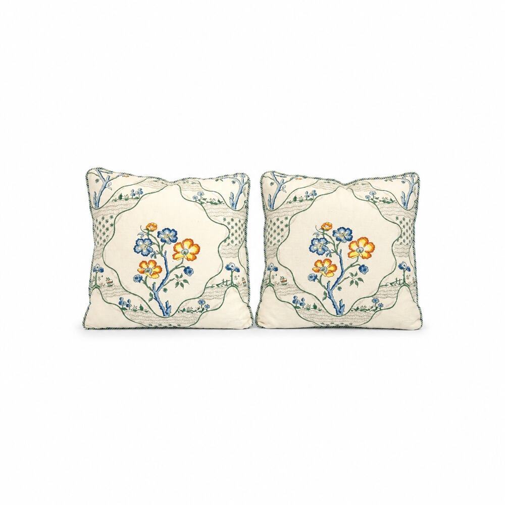 Pair of Custom Schumacher Marella Delft Embroidered Pillows 15x15 Down Inserts